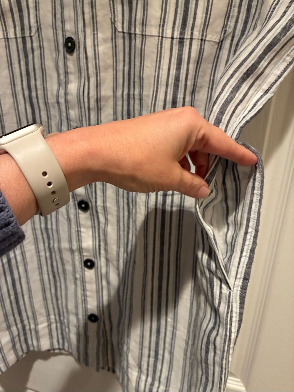 Madewell Striped Button-Front Linen Shirt Dress in Navy and White - Picture 2 of 5